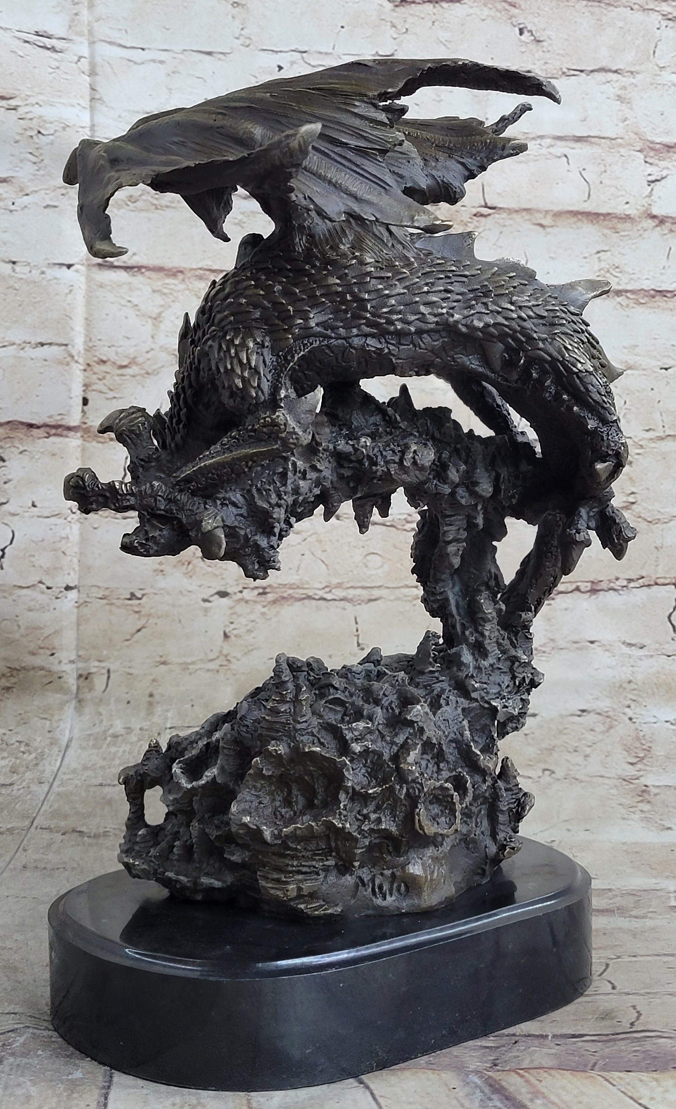 Signed Original Mythical Flying Dragon Bronze Sculpture