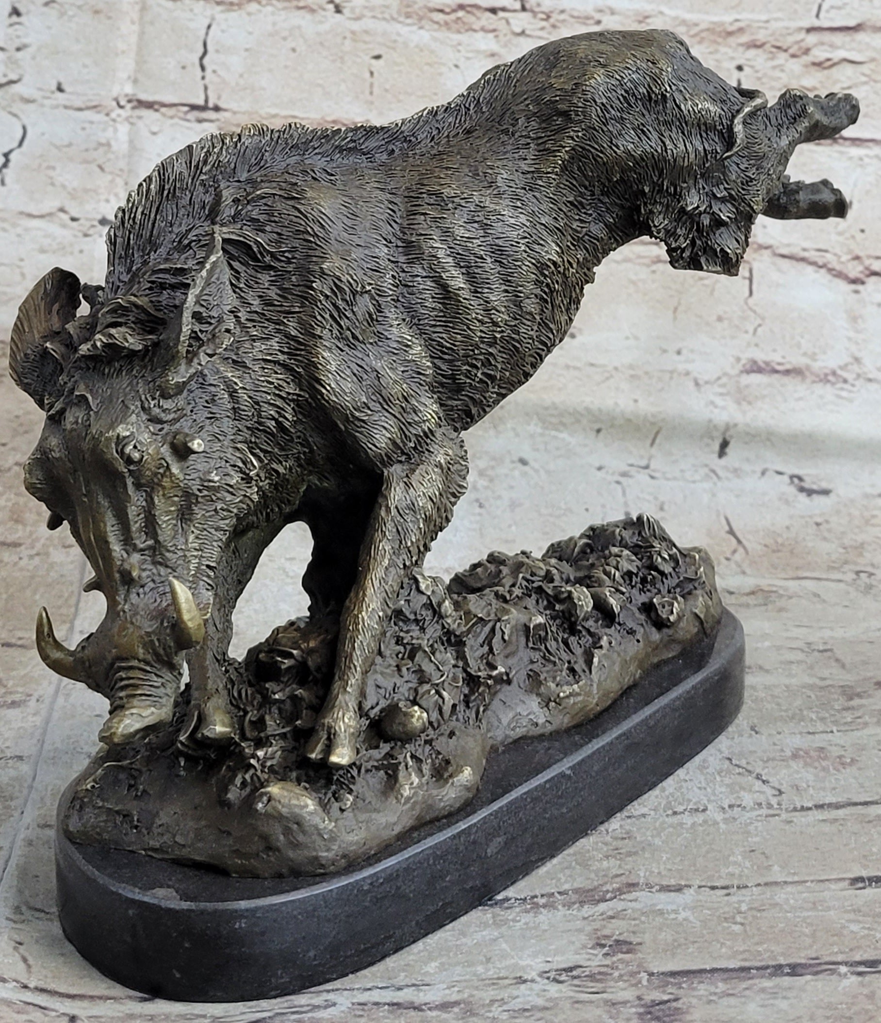 Wild Boar Feral Hog Bronze Sculpture on Marble Base
