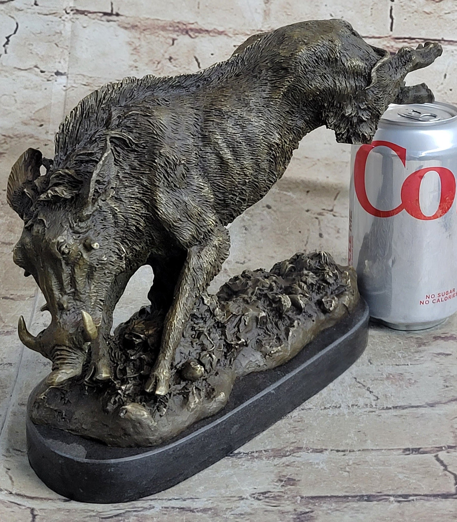 Wild Boar Feral Hog Bronze Sculpture on Marble Base
