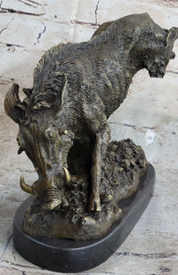 Wild Boar Feral Hog Bronze Sculpture on Marble Base