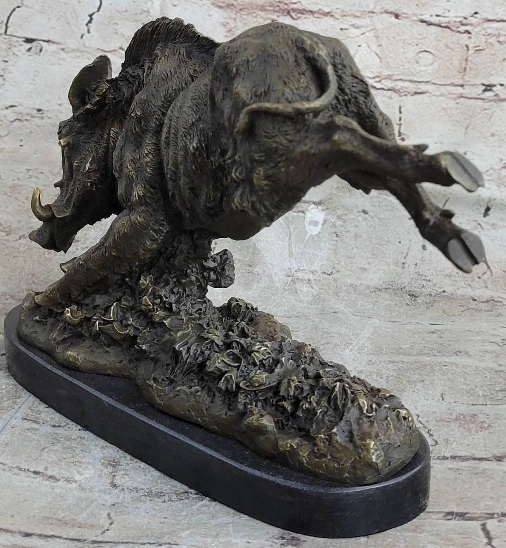 Wild Boar Feral Hog Bronze Sculpture on Marble Base