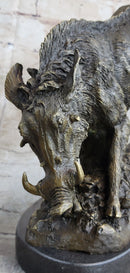 Wild Boar Feral Hog Bronze Sculpture on Marble Base