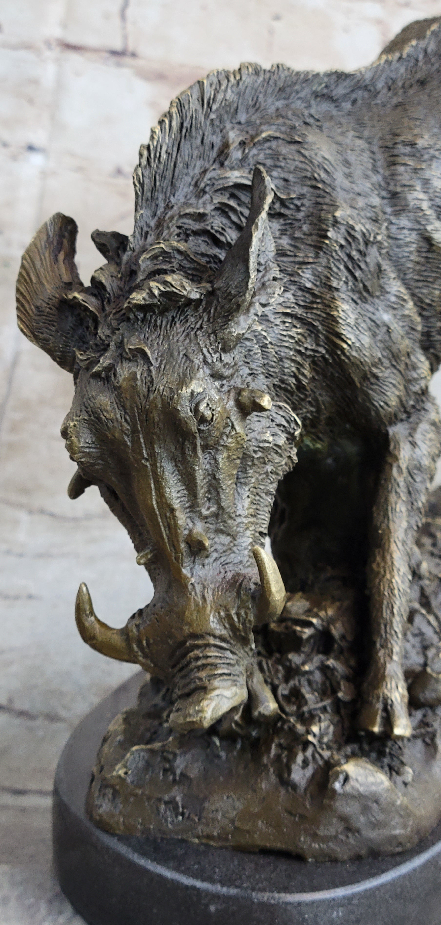 Wild Boar Feral Hog Bronze Sculpture on Marble Base