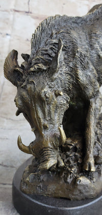 Wild Boar Feral Hog Bronze Sculpture on Marble Base