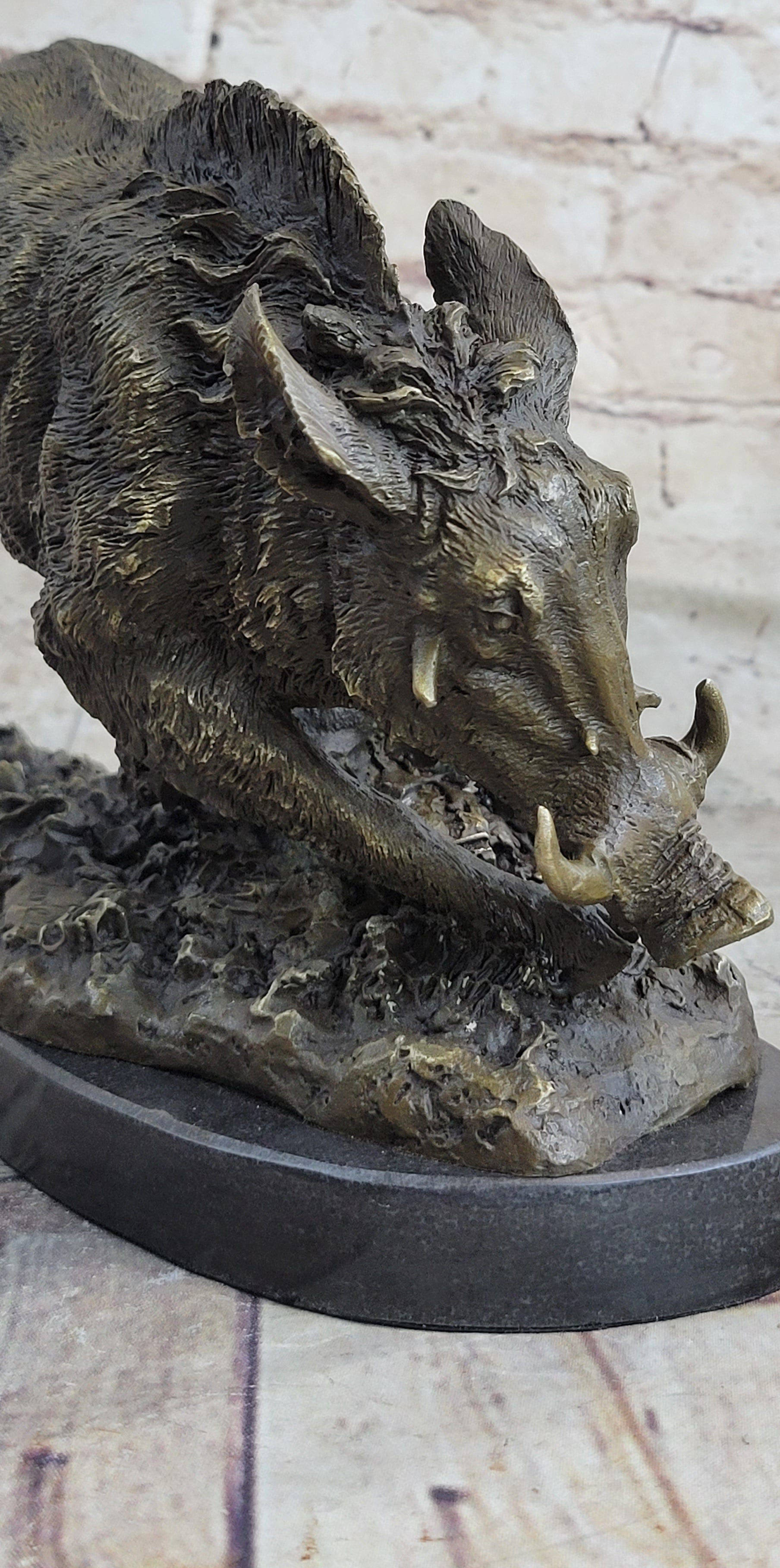 Wild Boar Feral Hog Bronze Sculpture on Marble Base
