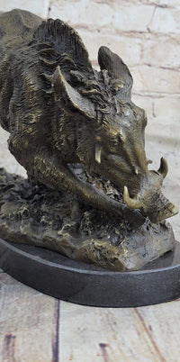 Wild Boar Feral Hog Bronze Sculpture on Marble Base