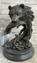 Bear Catching Salmon Bronze Metal Bust on Marble Base