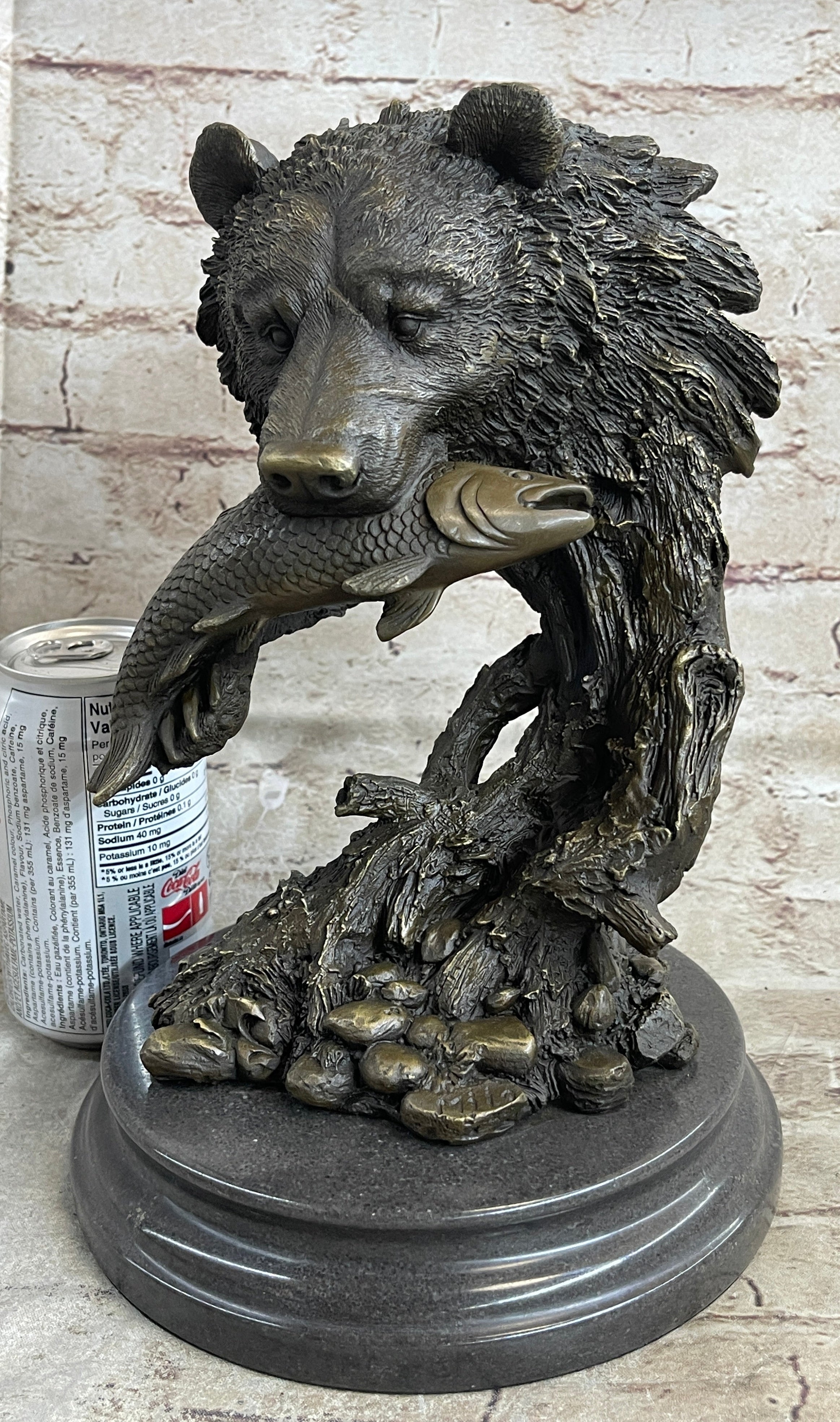 Bear Catching Salmon Bronze Metal Bust on Marble Base