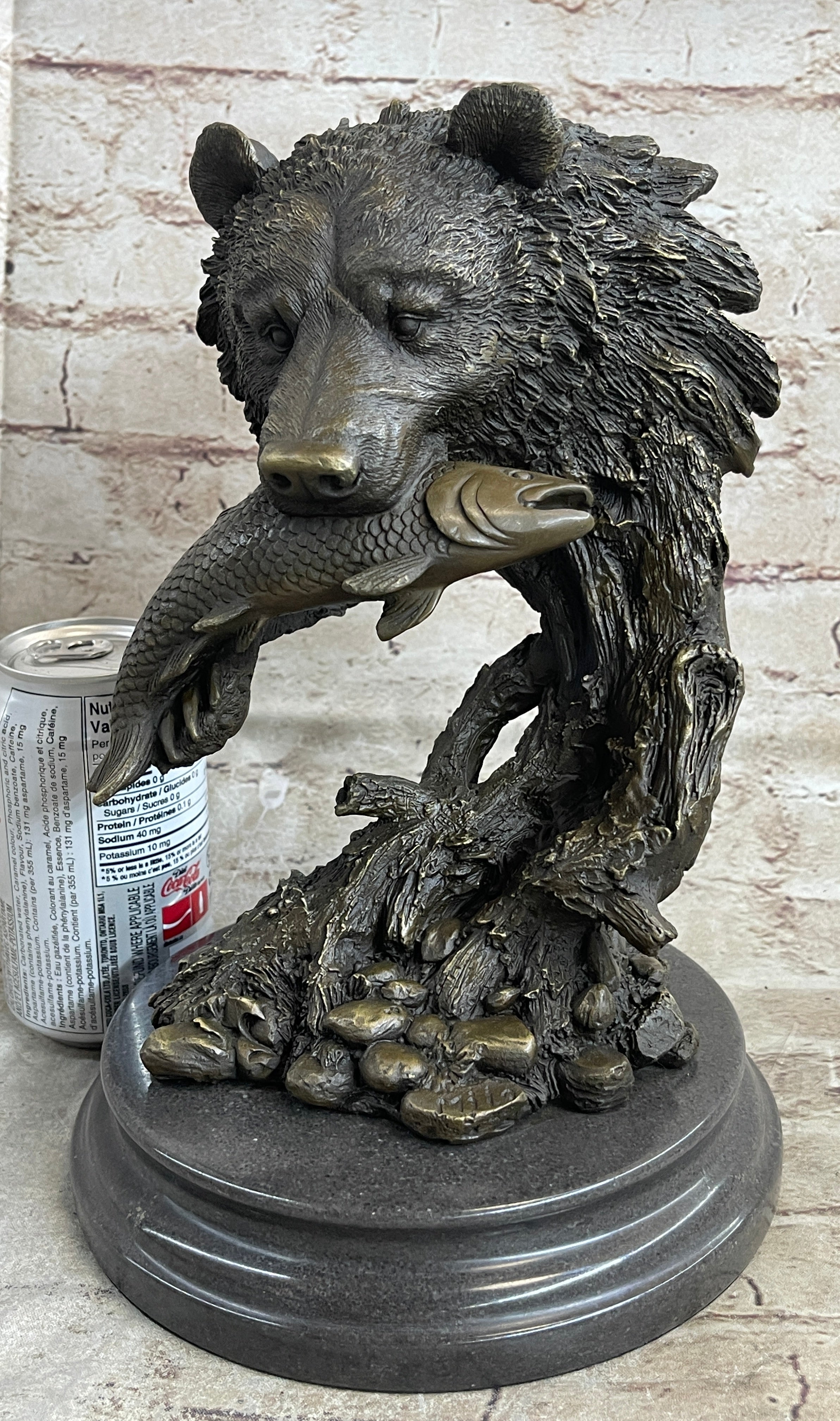 Bear Catching Salmon Bronze Metal Bust on Marble Base