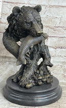Bear Catching Salmon Bronze Metal Bust on Marble Base