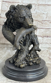 Bear Catching Salmon Bronze Metal Bust on Marble Base