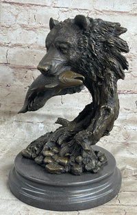 Bear Catching Salmon Bronze Metal Bust on Marble Base