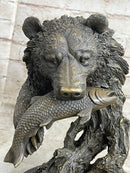 Bear Catching Salmon Bronze Metal Bust on Marble Base