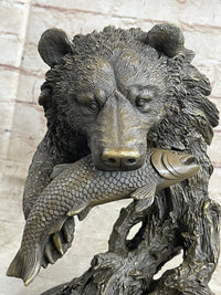 Bear Catching Salmon Bronze Metal Bust on Marble Base