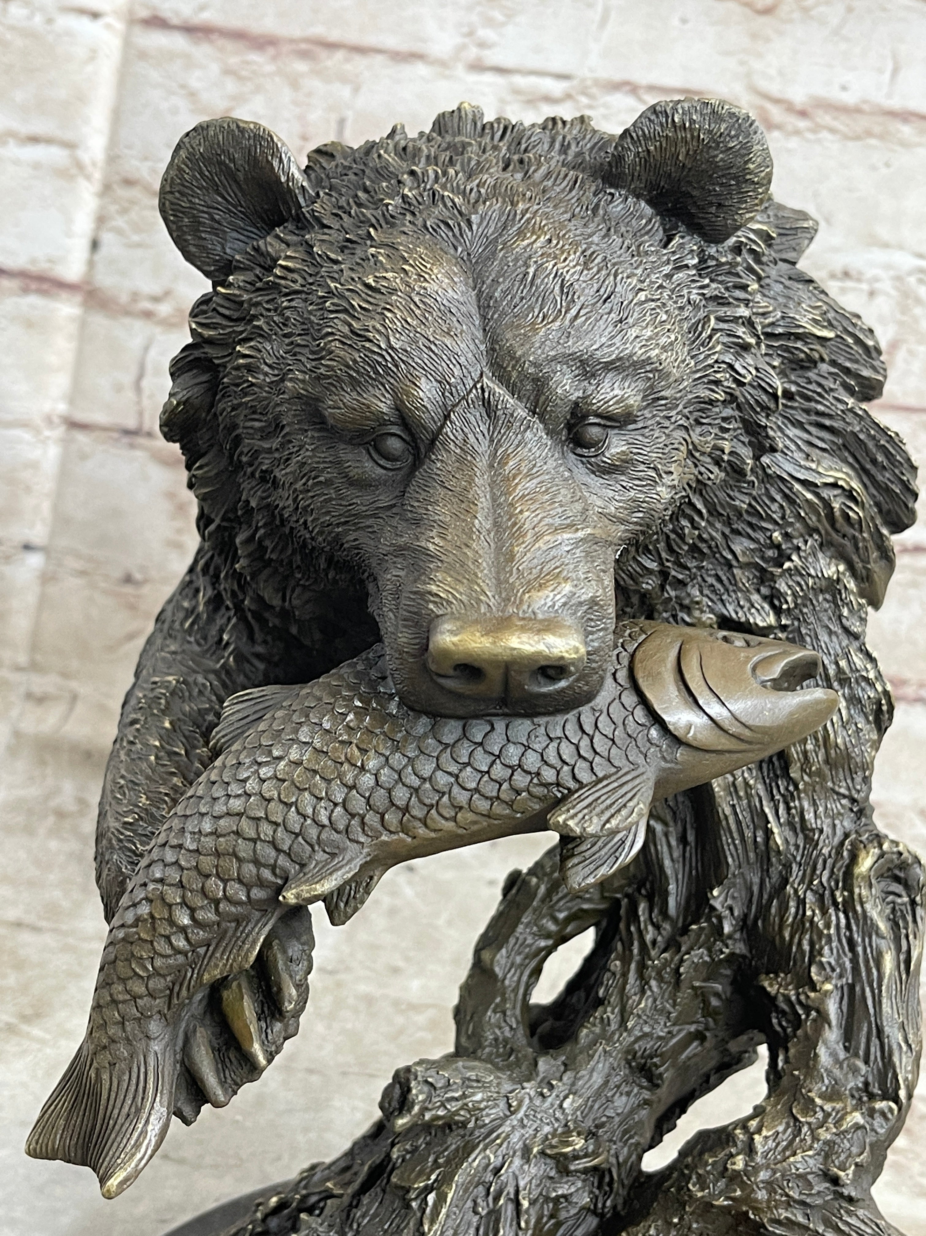 Bear Catching Salmon Bronze Metal Bust on Marble Base