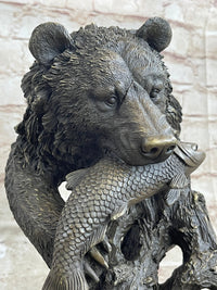 Bear Catching Salmon Bronze Metal Bust on Marble Base