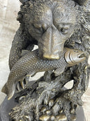 Bear Catching Salmon Bronze Metal Bust on Marble Base