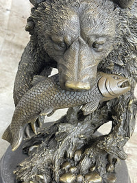 Bear Catching Salmon Bronze Metal Bust on Marble Base