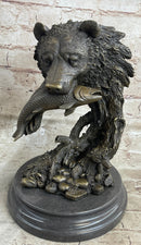 Bear Catching Salmon Bronze Metal Bust on Marble Base