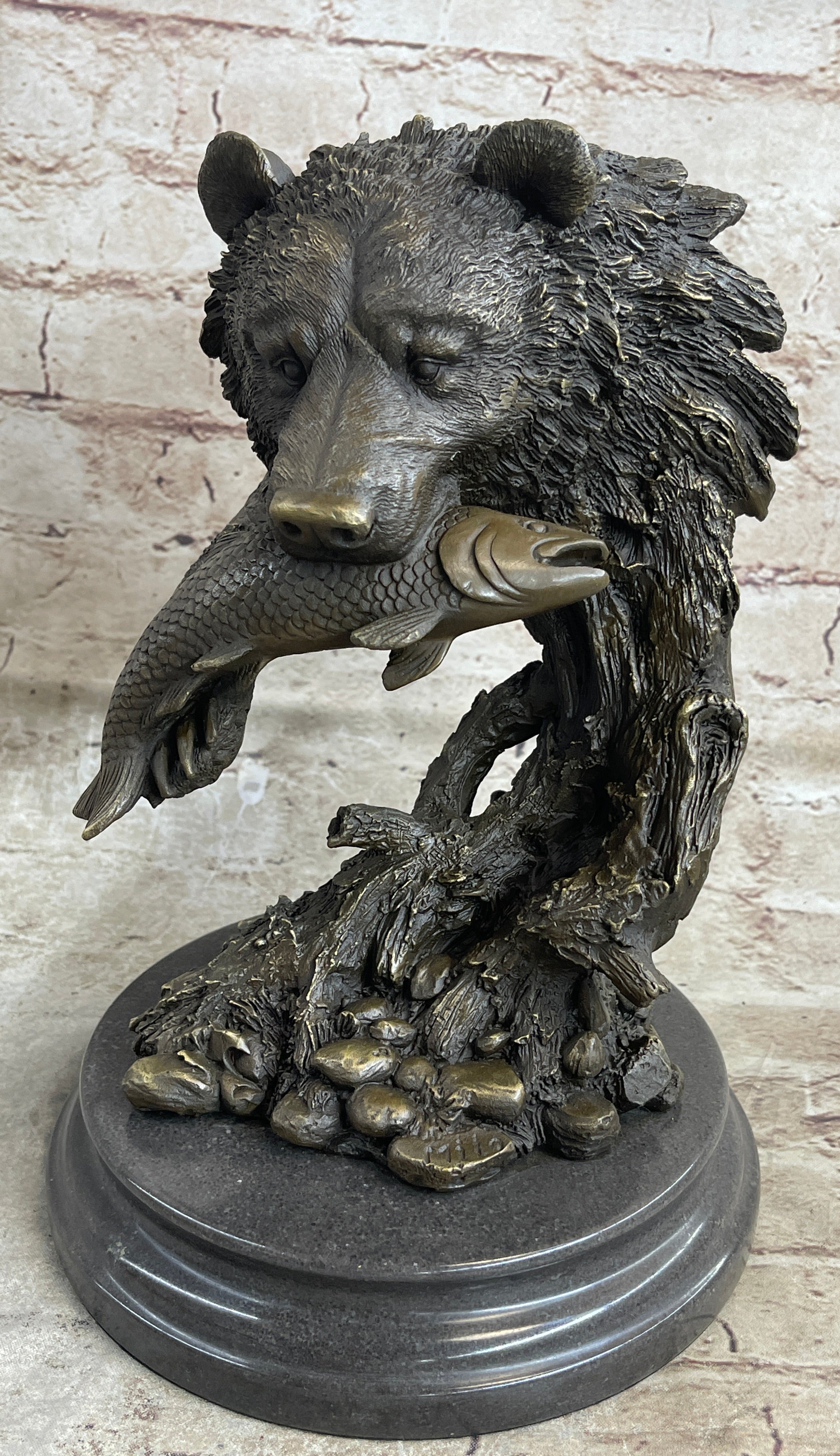Bear Catching Salmon Bronze Metal Bust on Marble Base