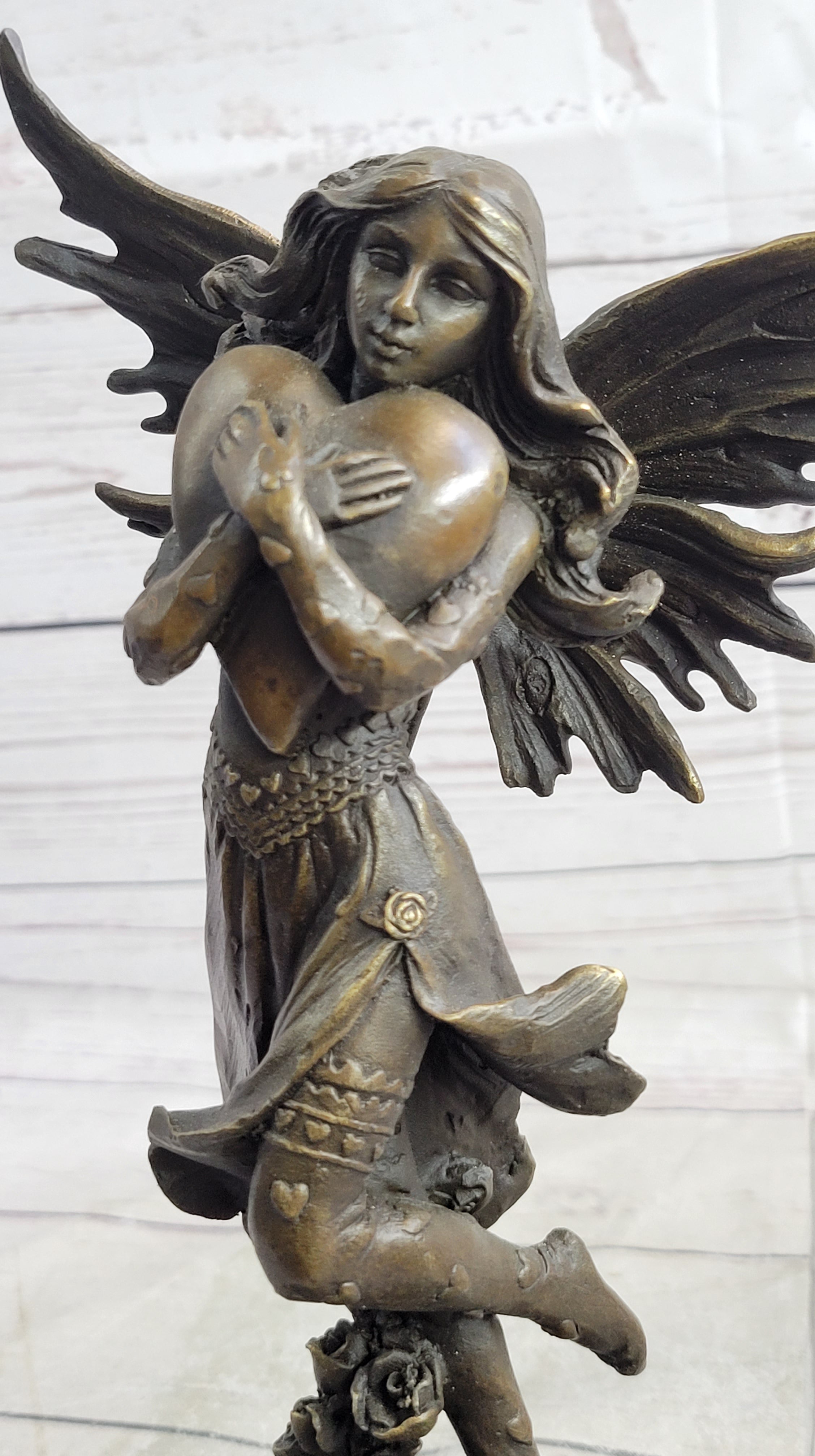 Fairy Angel Girl Clutching Heart Bronze Sculpture Love Valentine