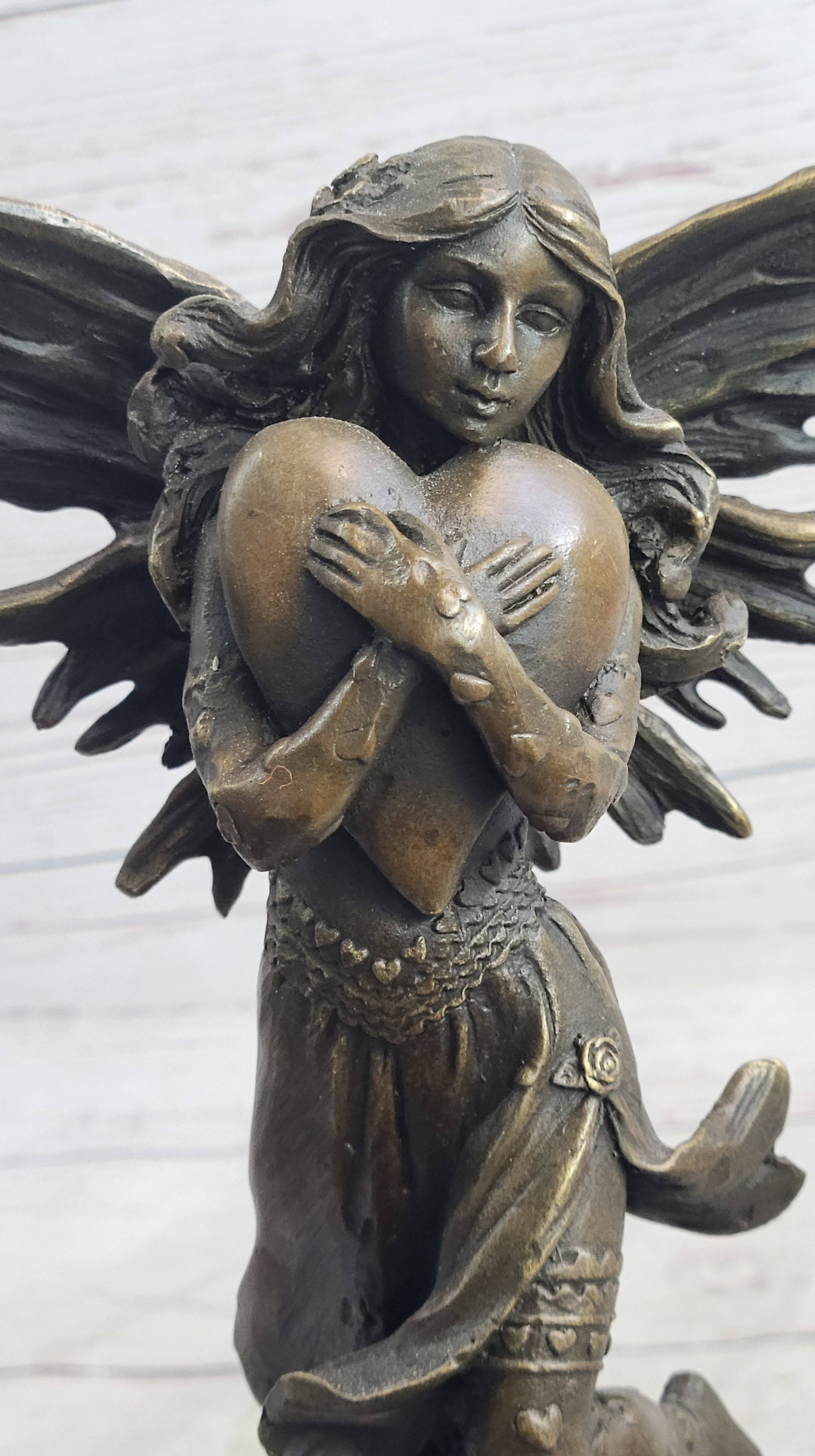 Fairy Angel Girl Clutching Heart Bronze Sculpture Love Valentine