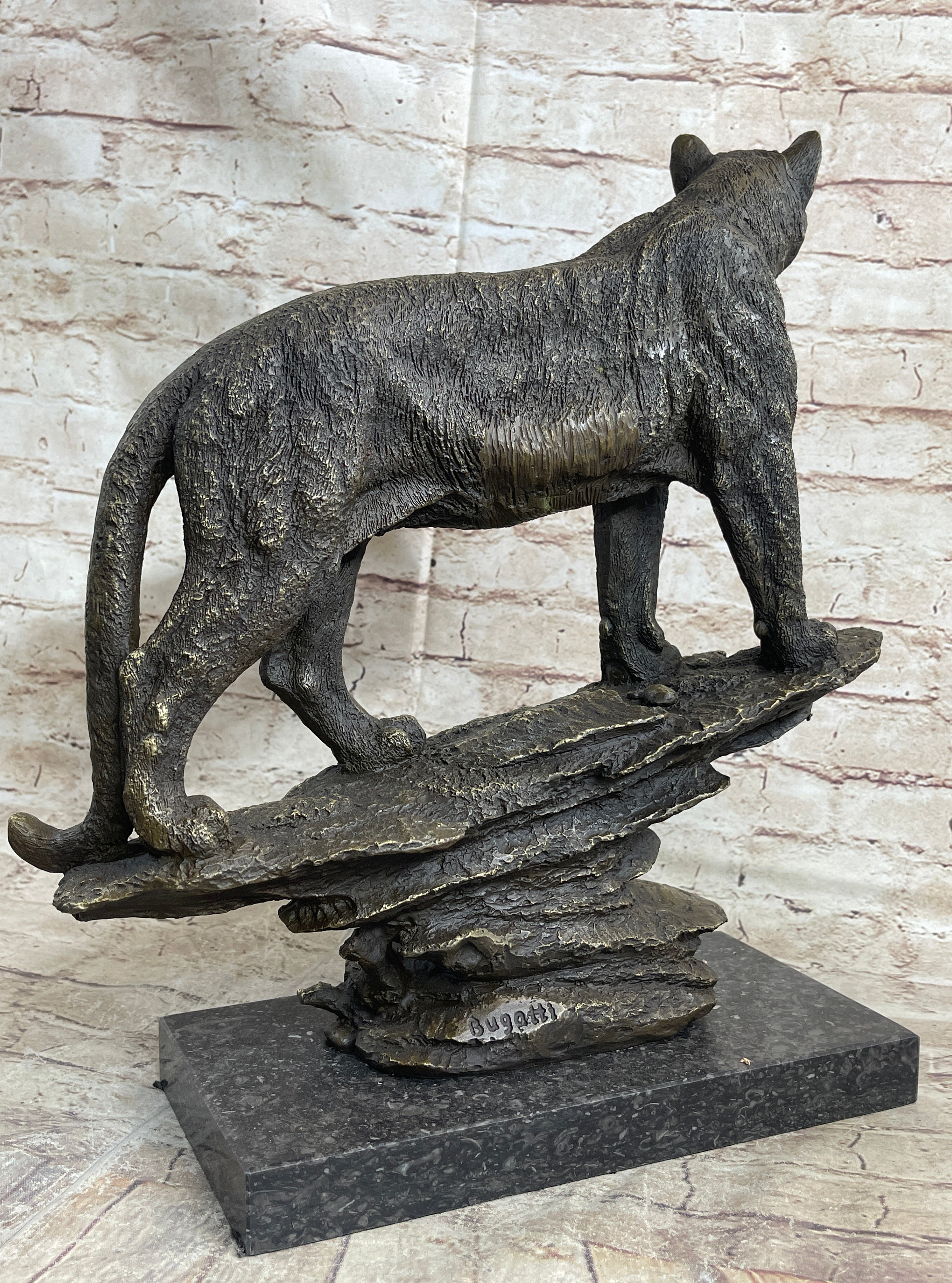Mountain Lion Puma Panther Cougar Bronze Sculpture on Marble Base