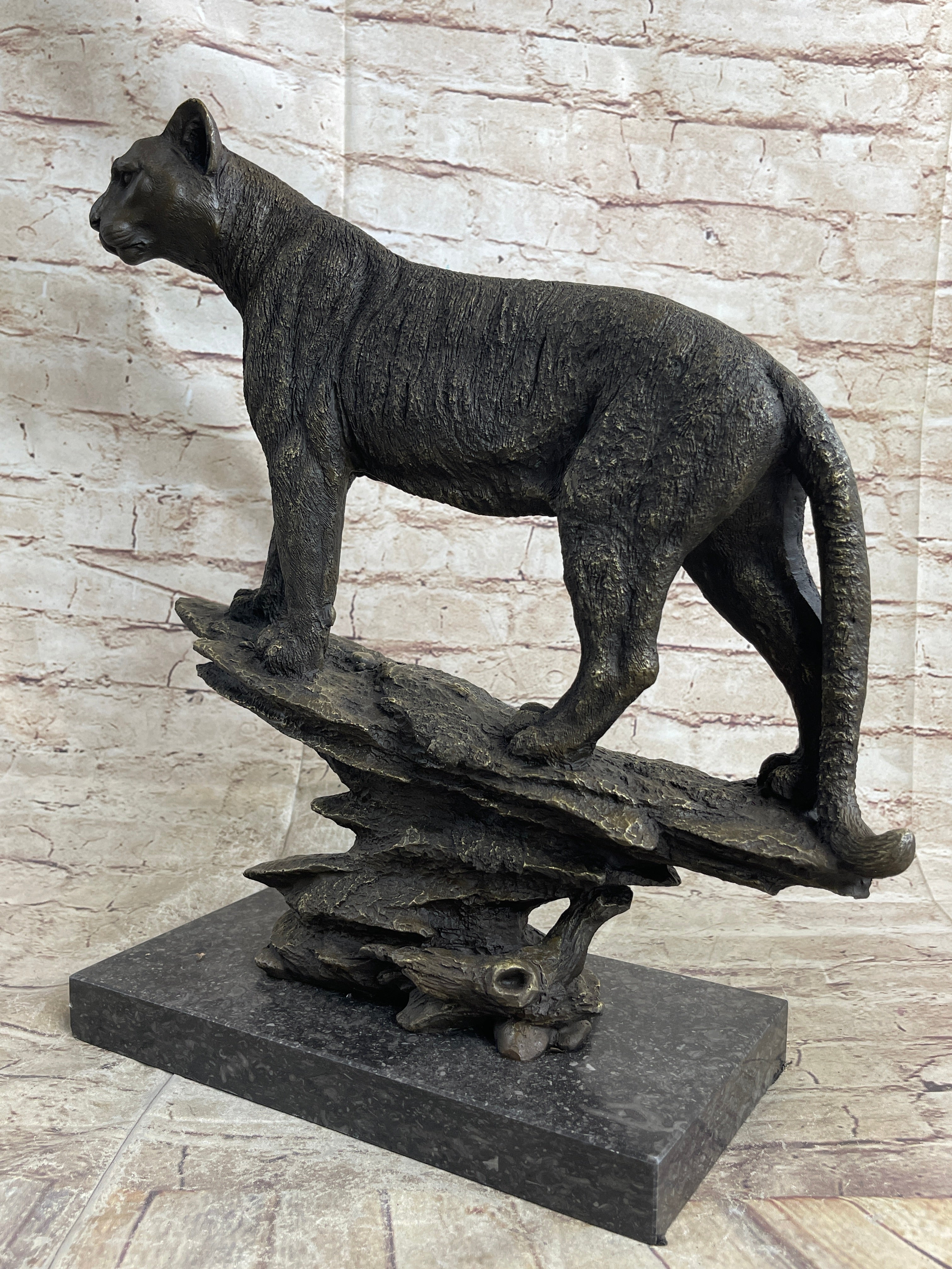 Mountain Lion Puma Panther Cougar Bronze Sculpture on Marble Base