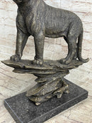 Mountain Lion Puma Panther Cougar Bronze Sculpture on Marble Base