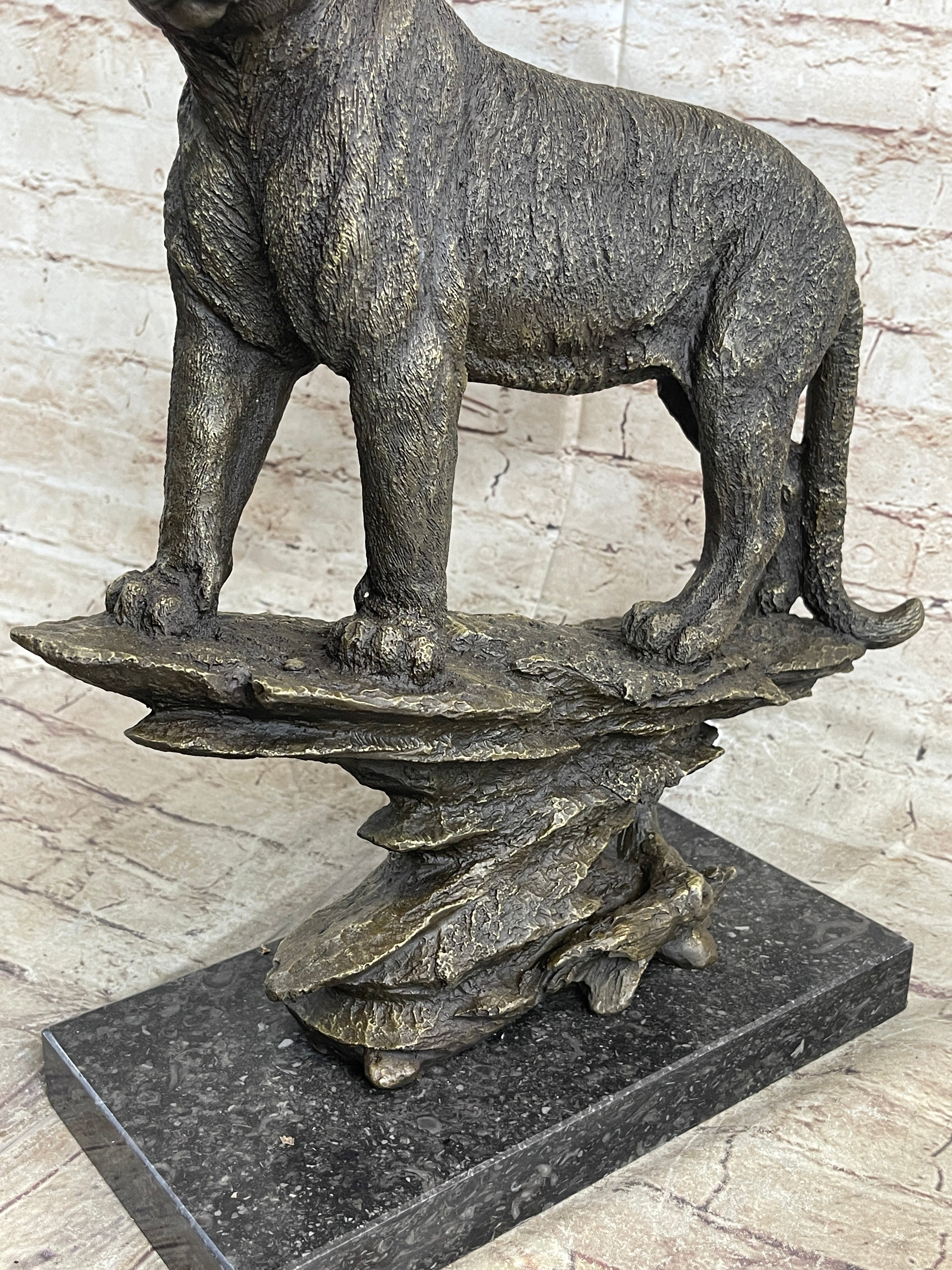 Mountain Lion Puma Panther Cougar Bronze Sculpture on Marble Base