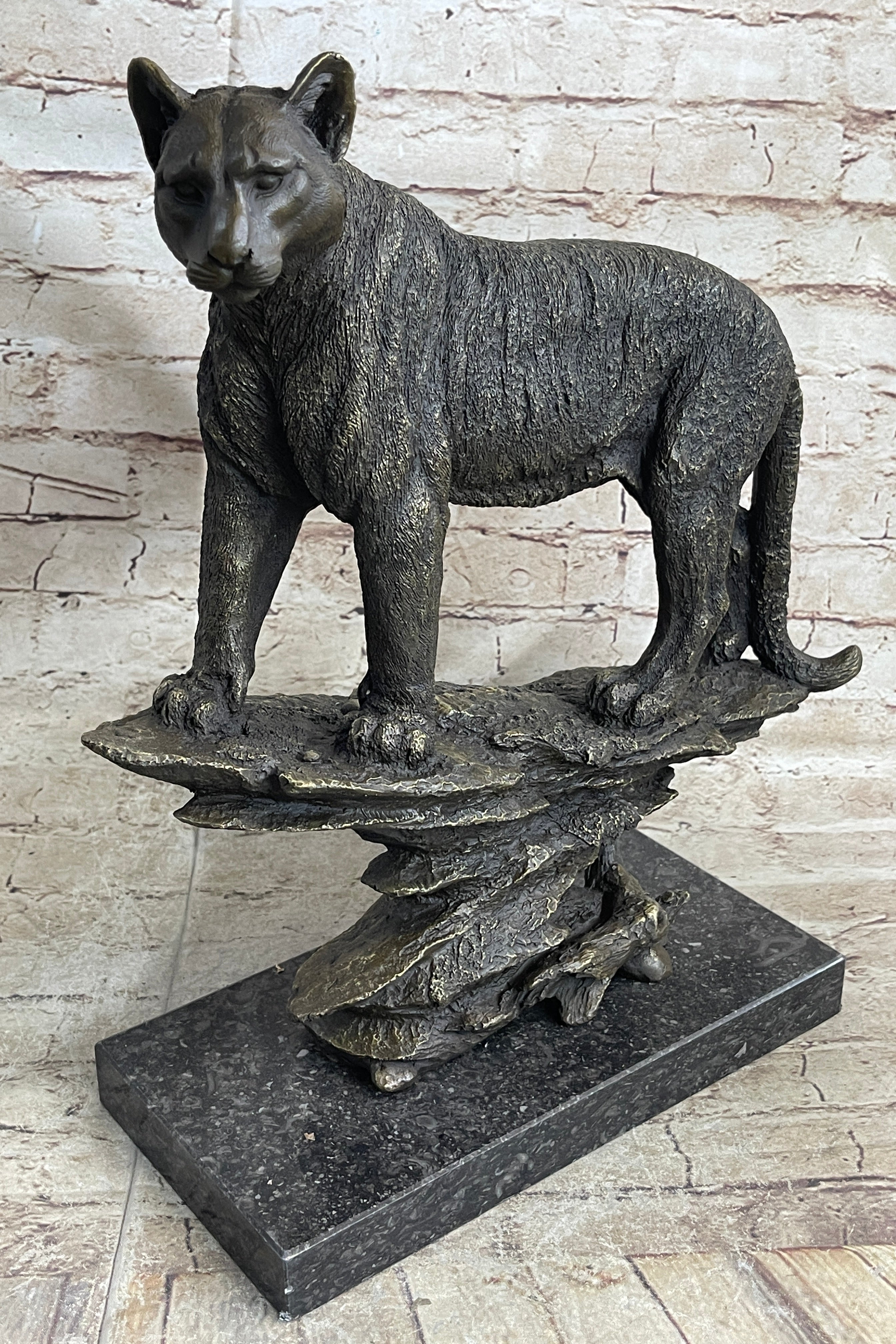 Mountain Lion Puma Panther Cougar Bronze Sculpture on Marble Base