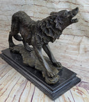 Fierce Wolf Howling Bronze Sculpture on Marble Base
