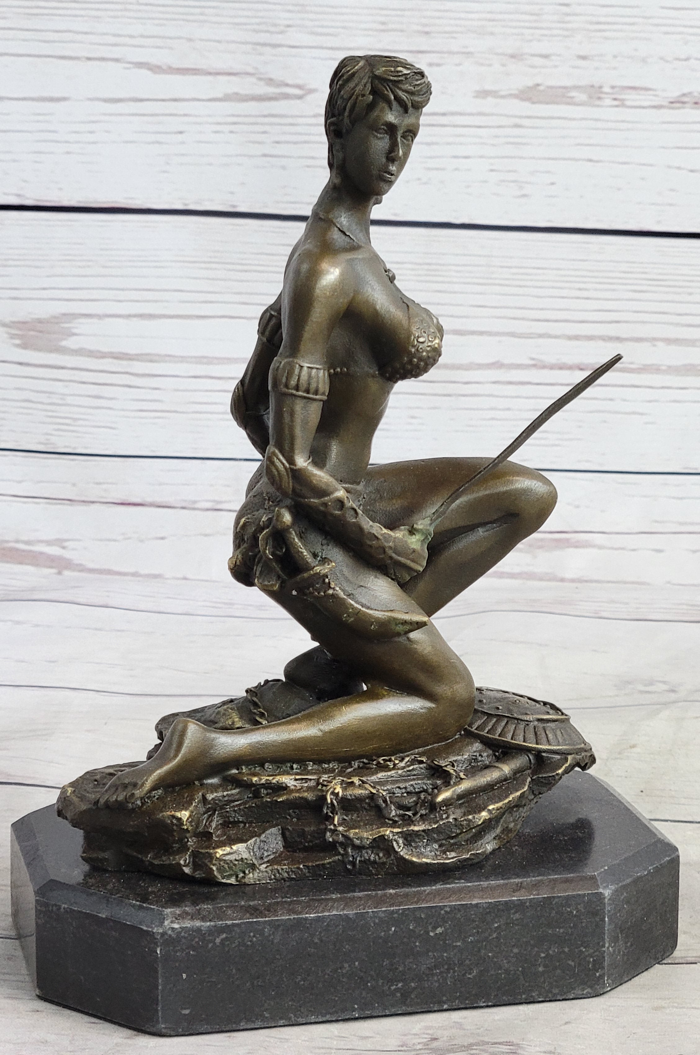 Xena Warrior Amazon Fantasy Girl Bronze Sculpture on Marble Base