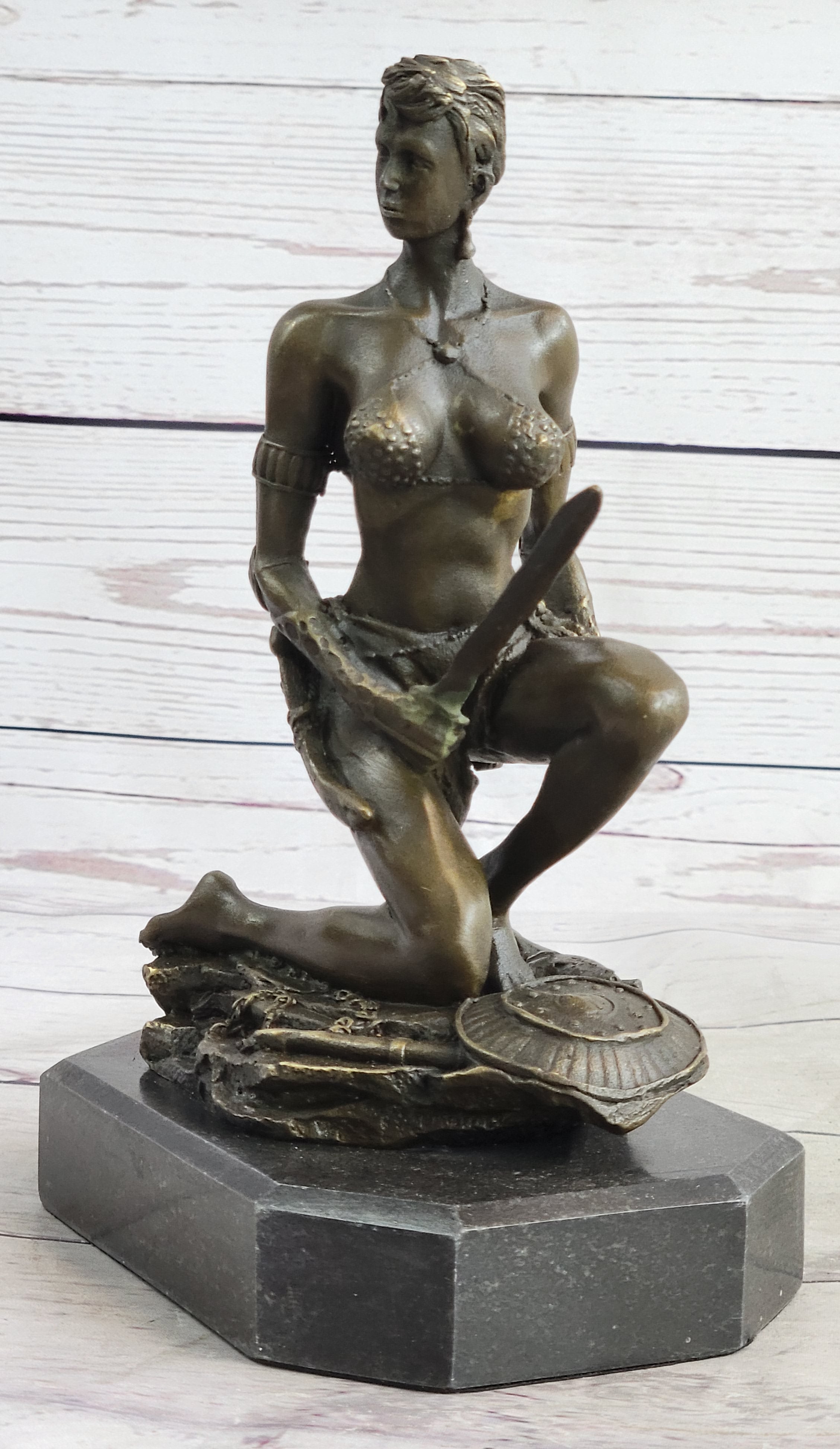 Xena Warrior Amazon Fantasy Girl Bronze Sculpture on Marble Base
