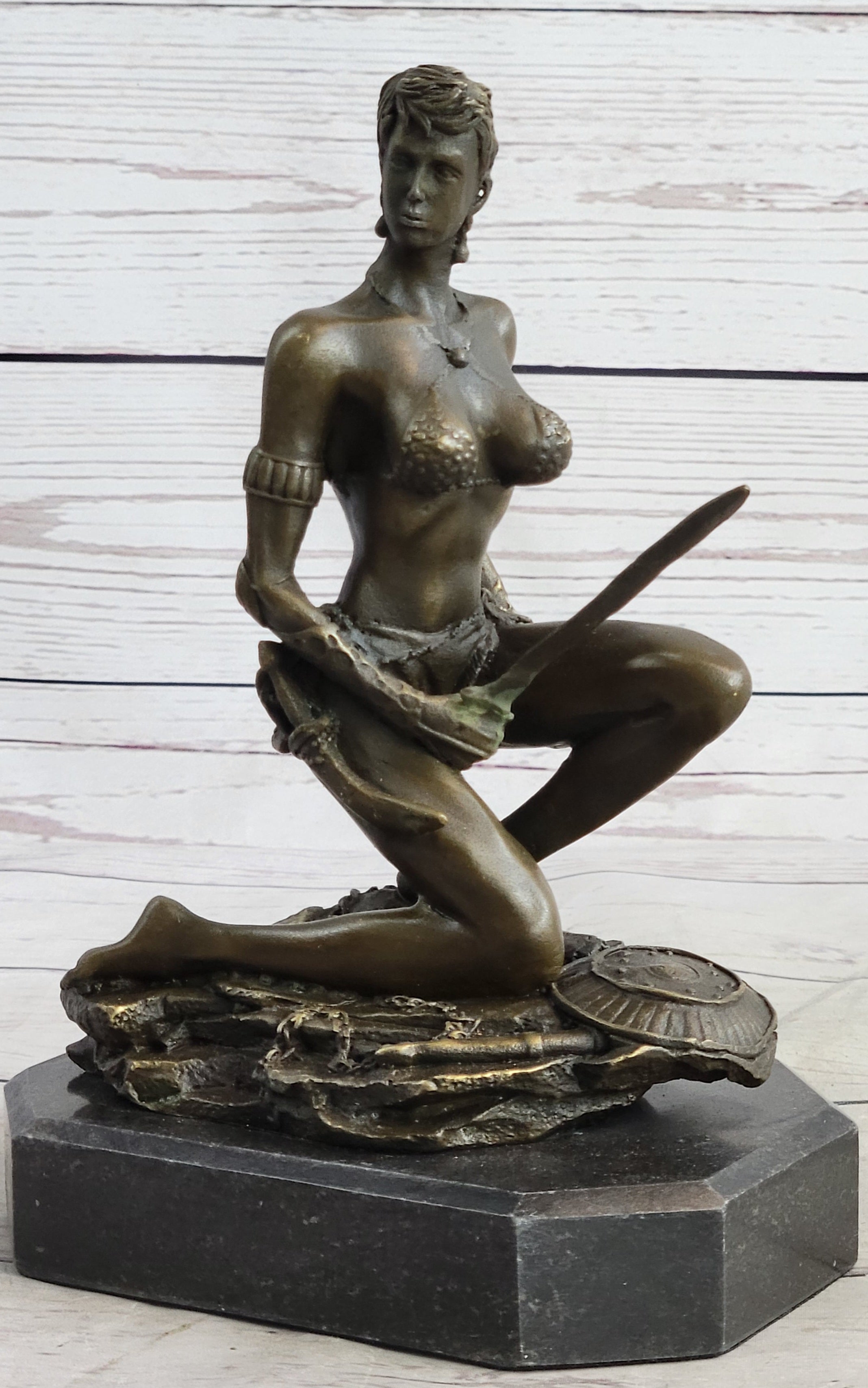 Xena Warrior Amazon Fantasy Girl Bronze Sculpture on Marble Base