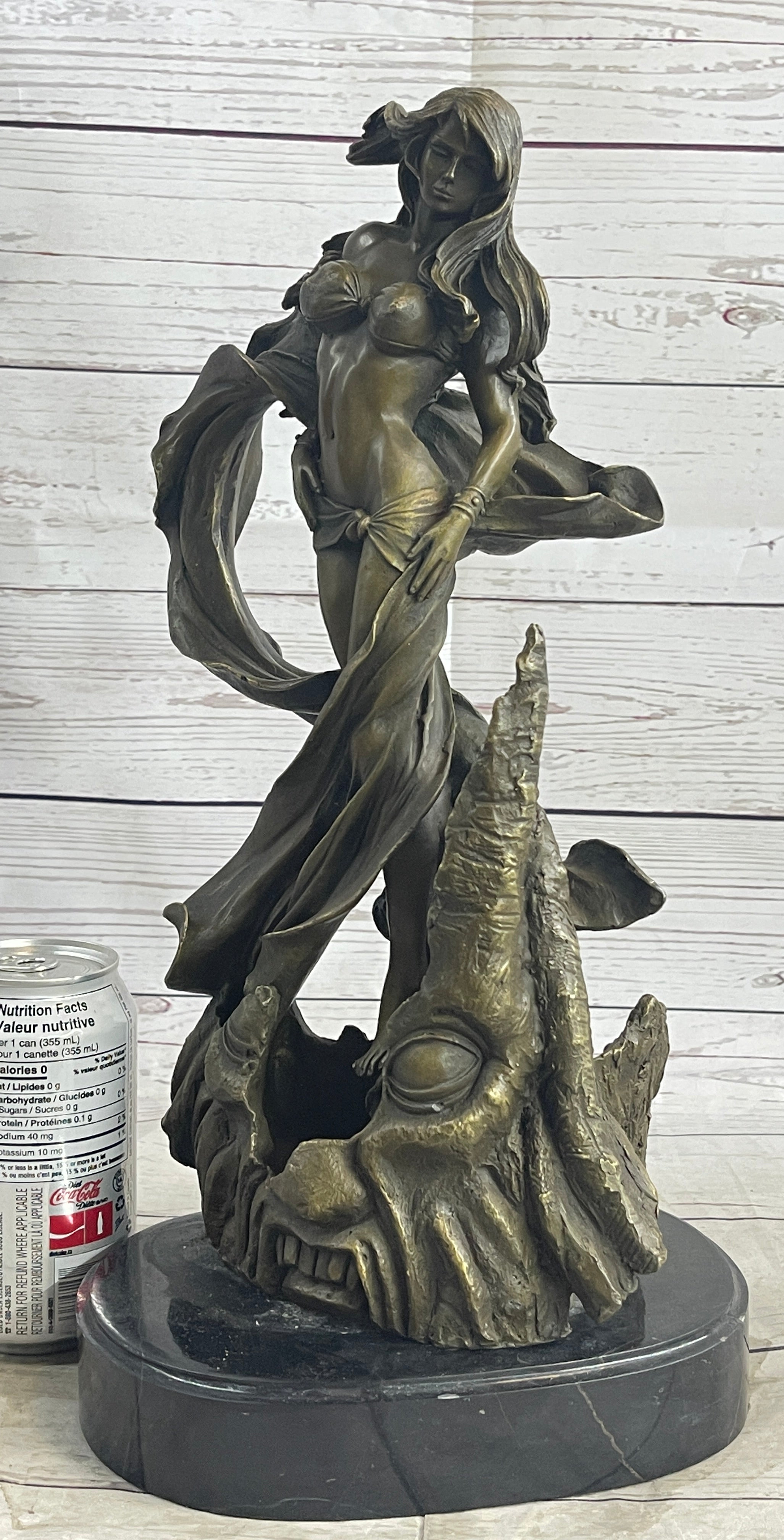 Semi Nude Sexy Fantasy Girl Female Figure Bronze Sculpture Statue on Marble Base