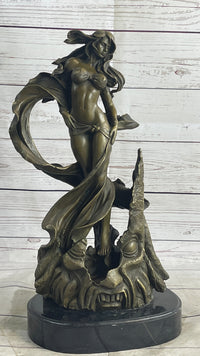 Semi Nude Sexy Fantasy Girl Female Figure Bronze Sculpture Statue on Marble Base
