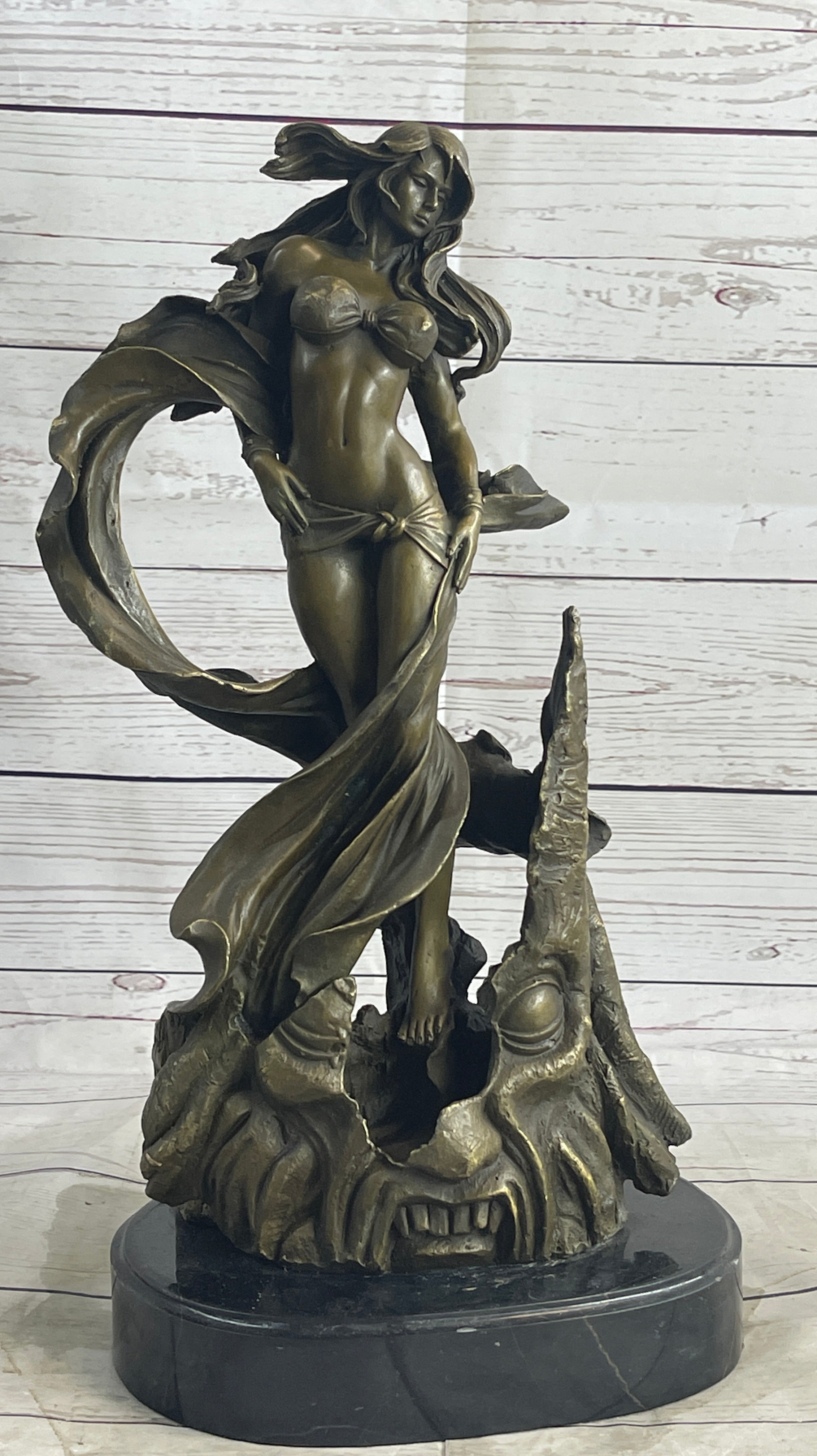 Semi Nude Sexy Fantasy Girl Female Figure Bronze Sculpture Statue on Marble Base