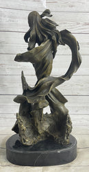 Semi Nude Sexy Fantasy Girl Female Figure Bronze Sculpture Statue on Marble Base