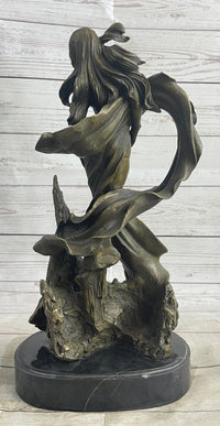 Semi Nude Sexy Fantasy Girl Female Figure Bronze Sculpture Statue on Marble Base