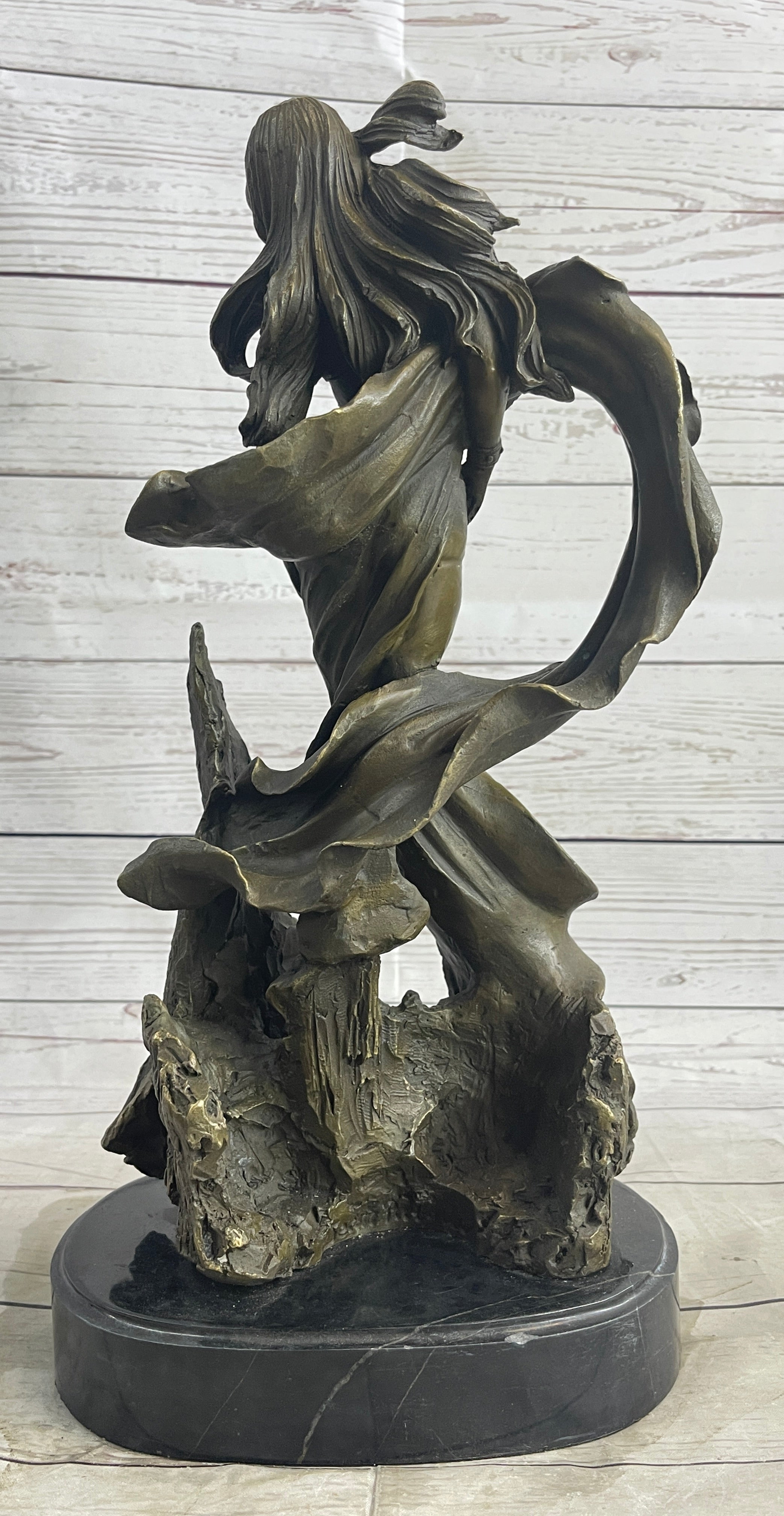 Semi Nude Sexy Fantasy Girl Female Figure Bronze Sculpture Statue on Marble Base