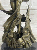 Semi Nude Sexy Fantasy Girl Female Figure Bronze Sculpture Statue on Marble Base