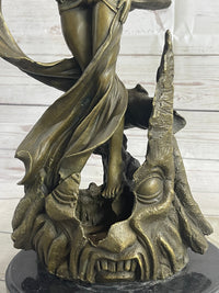 Semi Nude Sexy Fantasy Girl Female Figure Bronze Sculpture Statue on Marble Base