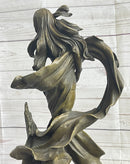 Semi Nude Sexy Fantasy Girl Female Figure Bronze Sculpture Statue on Marble Base