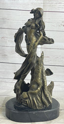 Semi Nude Sexy Fantasy Girl Female Figure Bronze Sculpture Statue on Marble Base
