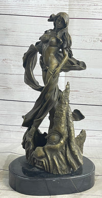 Semi Nude Sexy Fantasy Girl Female Figure Bronze Sculpture Statue on Marble Base