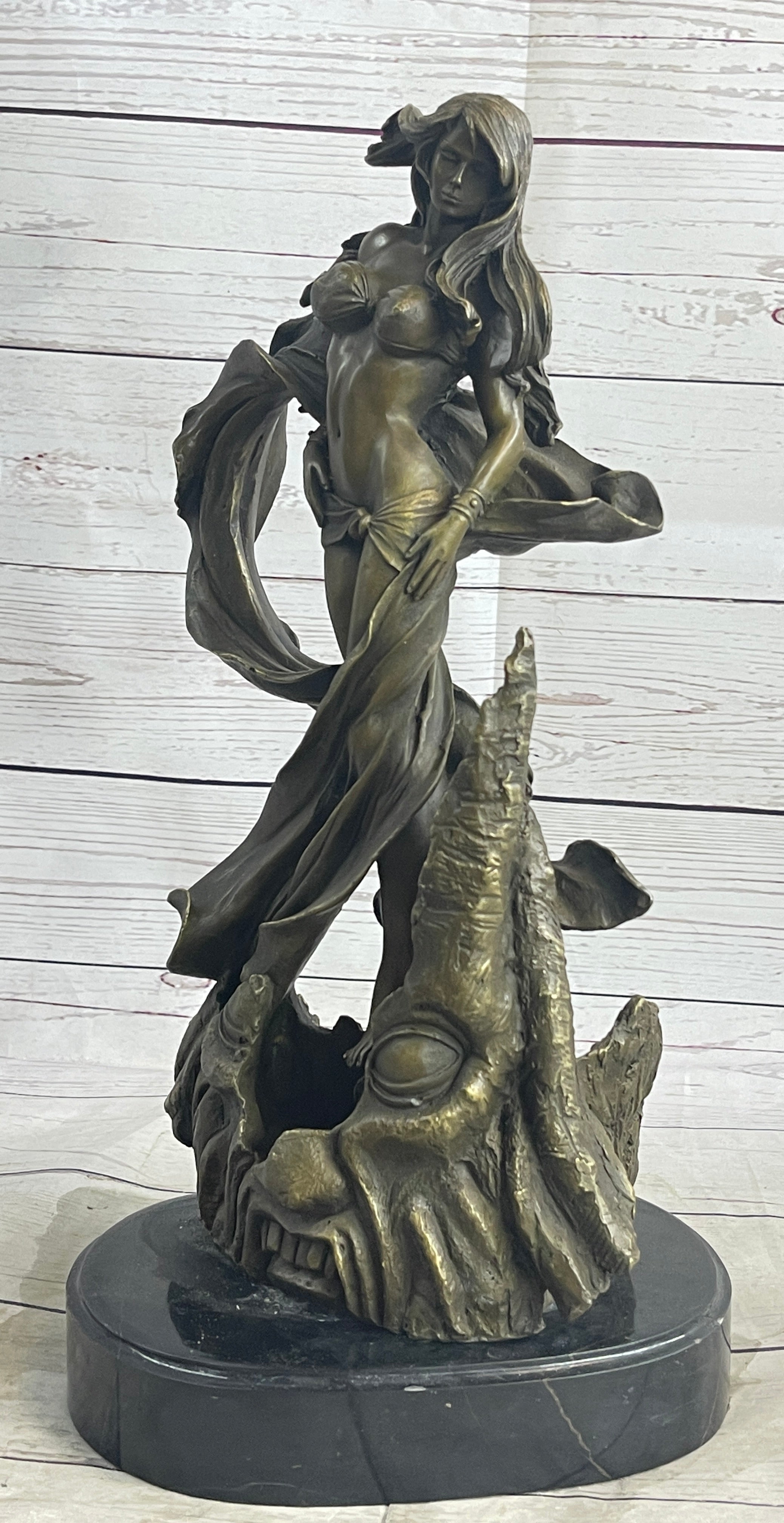Semi Nude Sexy Fantasy Girl Female Figure Bronze Sculpture Statue on Marble Base