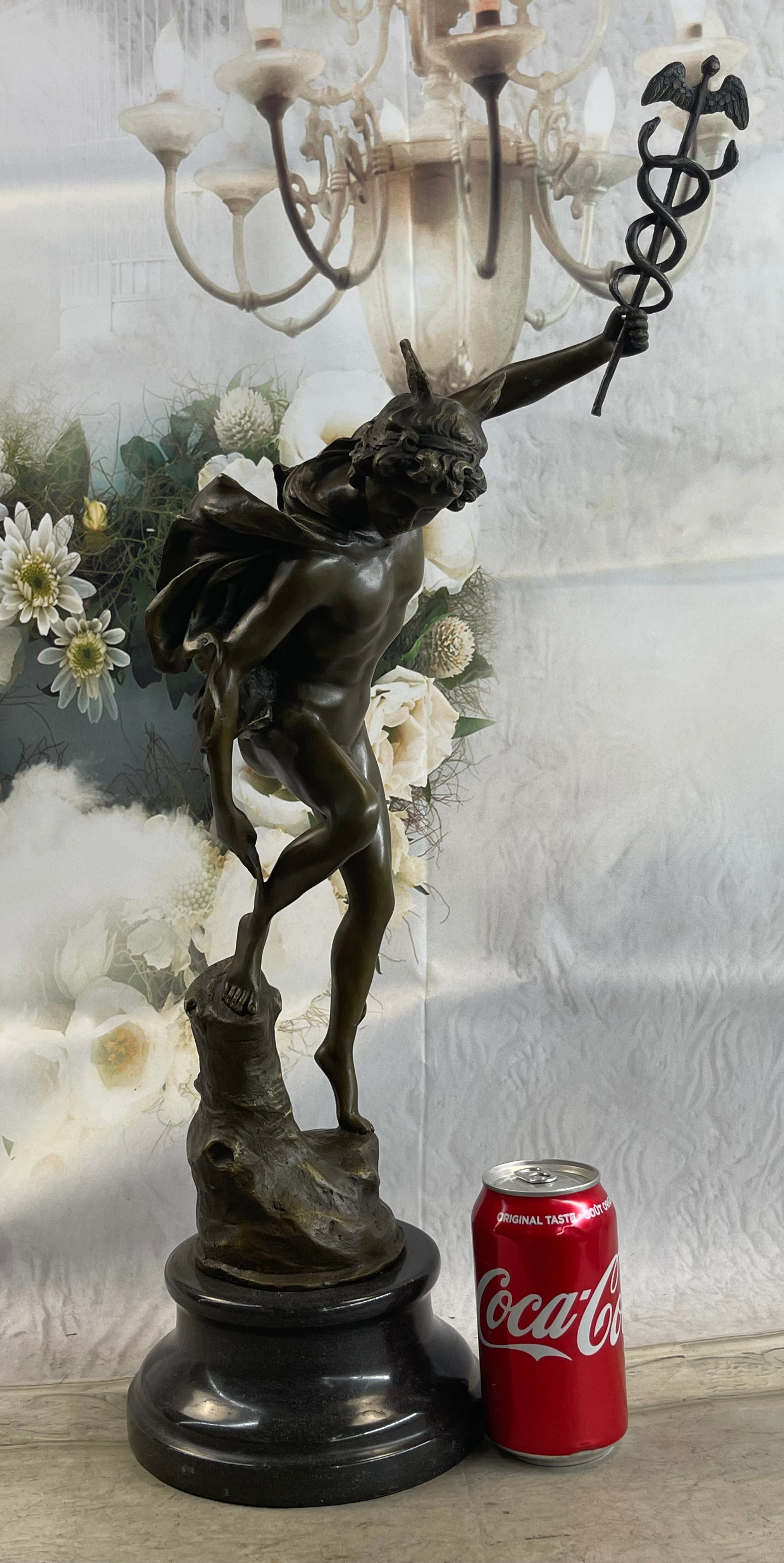 Flying Mercury Hermes w/ Caduceus Bronze Statue Sculpture Giambologna 20" x 11"