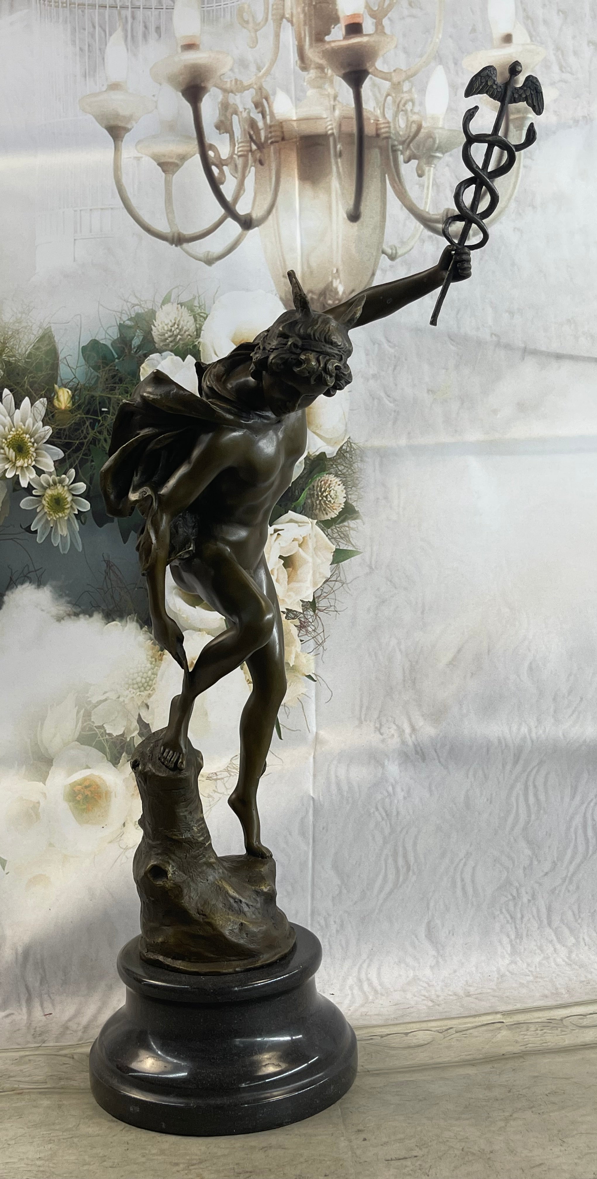 Flying Mercury Hermes w/ Caduceus Bronze Statue Sculpture Giambologna 20" x 11"