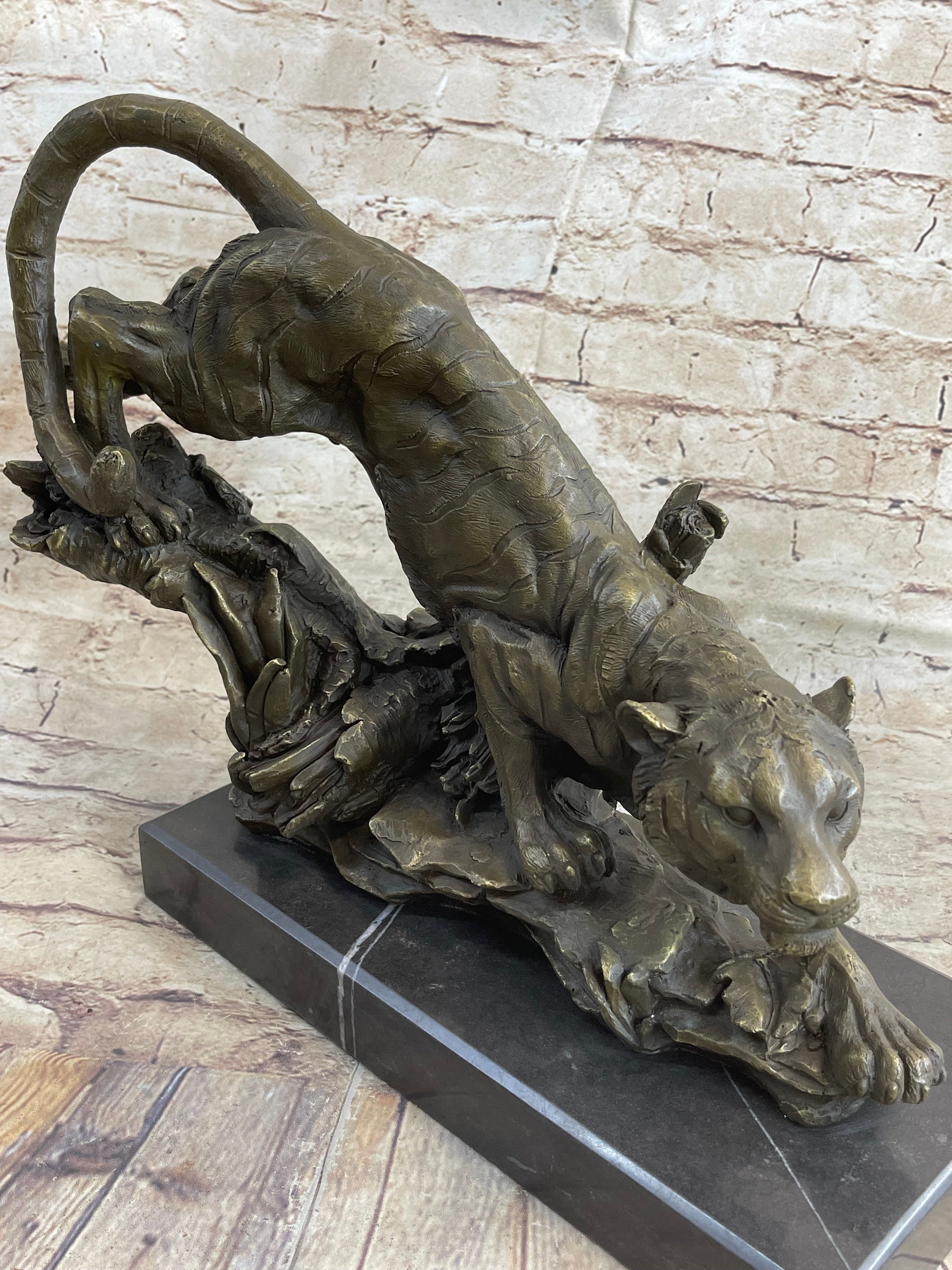Tiger Bronze Sculpture on Marble Base Signed